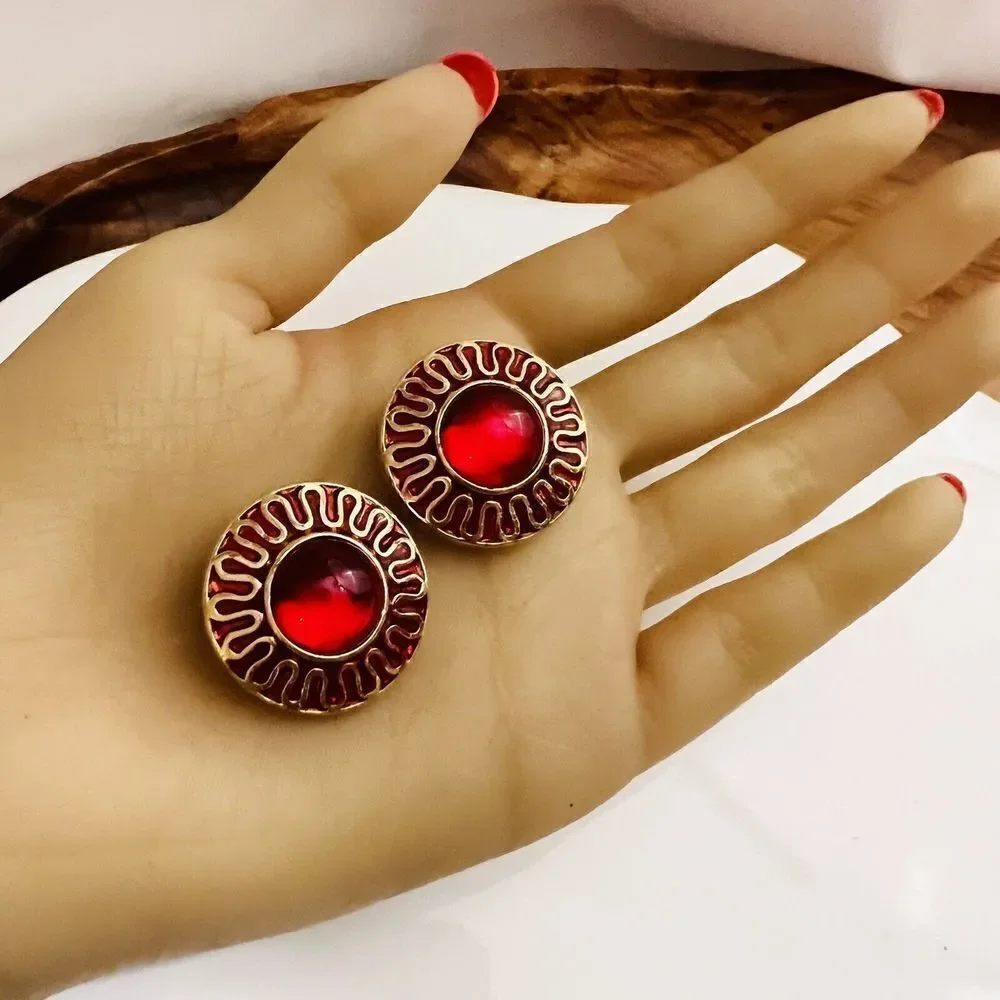 Vintage Galleria Gripoix Earrings Clip On Red Glass Enamel Gold Tone Round 4619